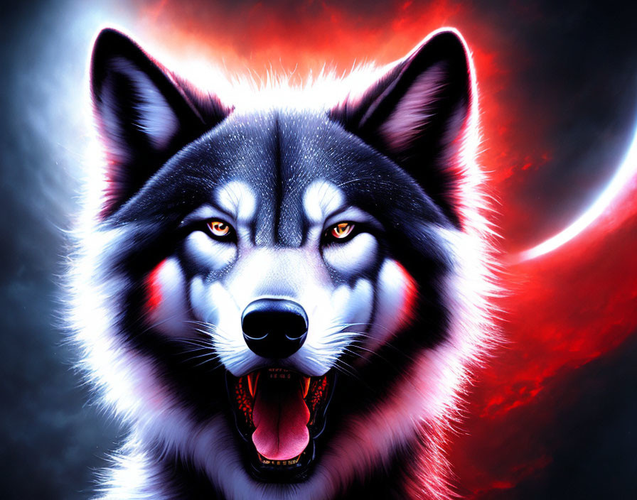 Monochrome wolf with glowing eyes in red and black sky