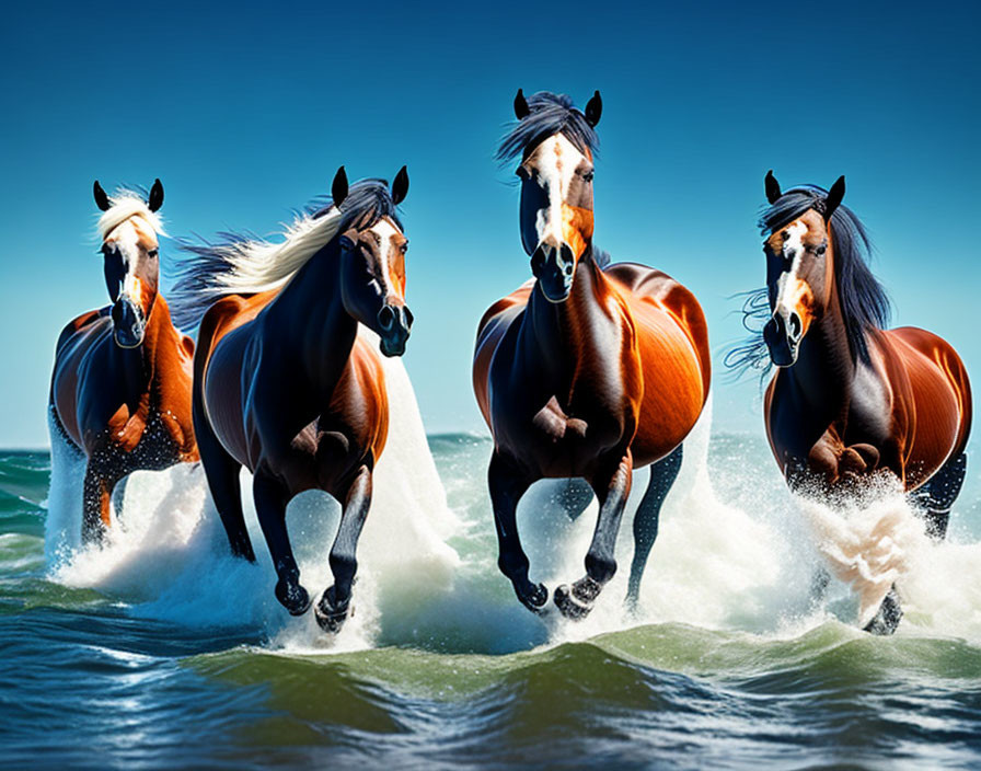 Majestic horses galloping in the sea with flowing manes