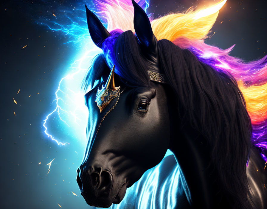 Majestic black horse with vibrant blue and purple mane on dark background with lightning