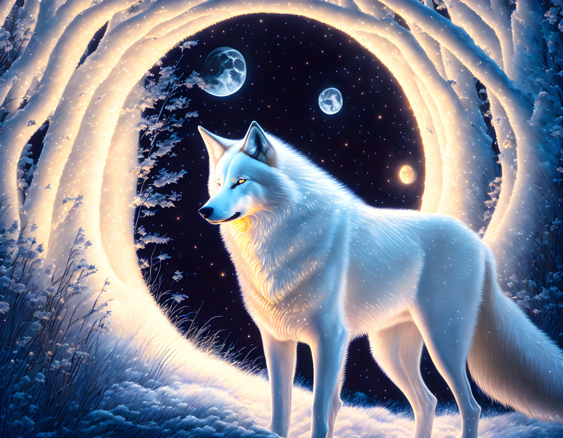 White Wolf in Snowy Landscape with Three Moons at Night