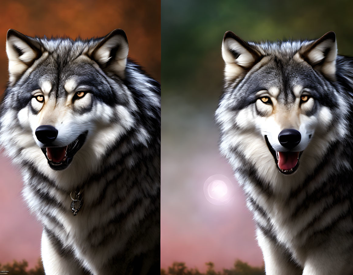 Digital artwork: Two identical wolves with striking eyes in autumnal backdrop