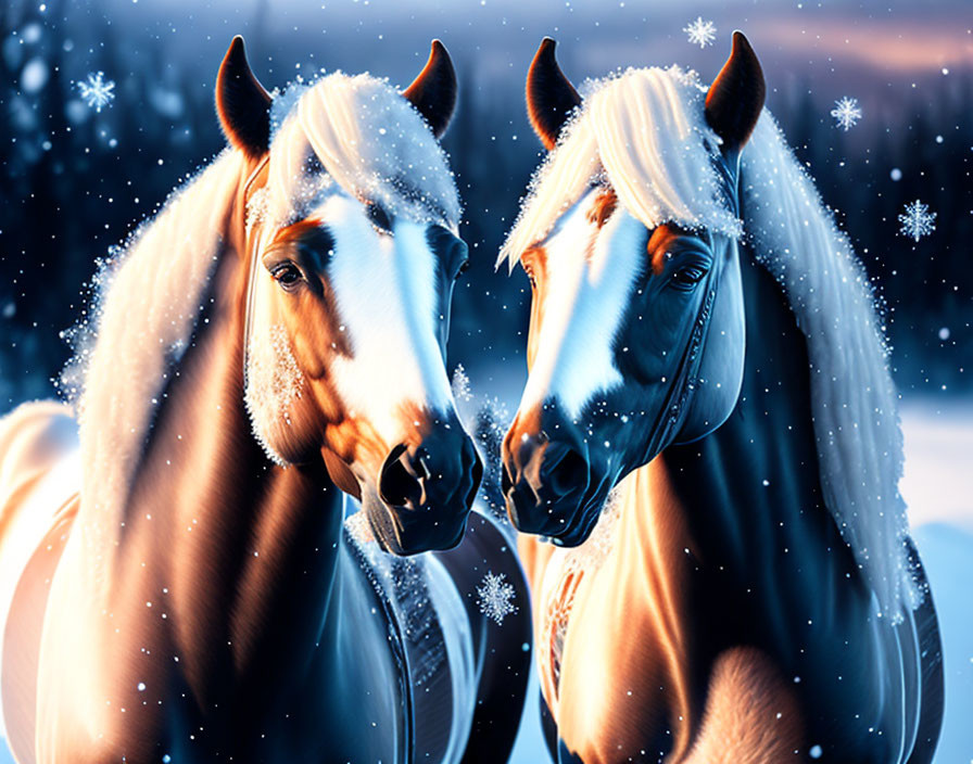 Golden-coated horses in snowy landscape with falling snowflakes