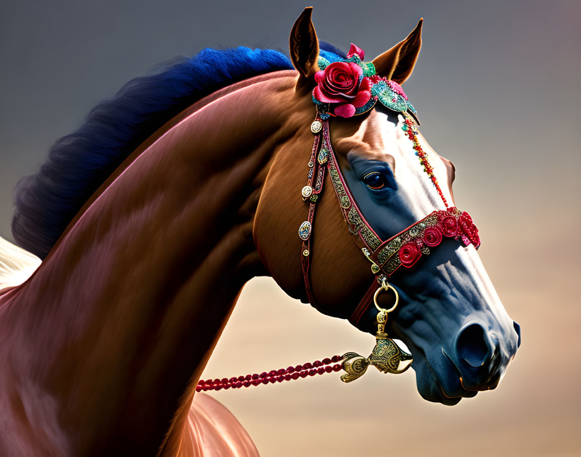 Majestic horse with decorated bridle and red flower on mane