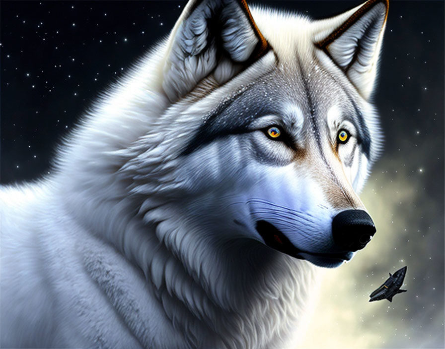 White wolf digital art with yellow eyes on starry night background