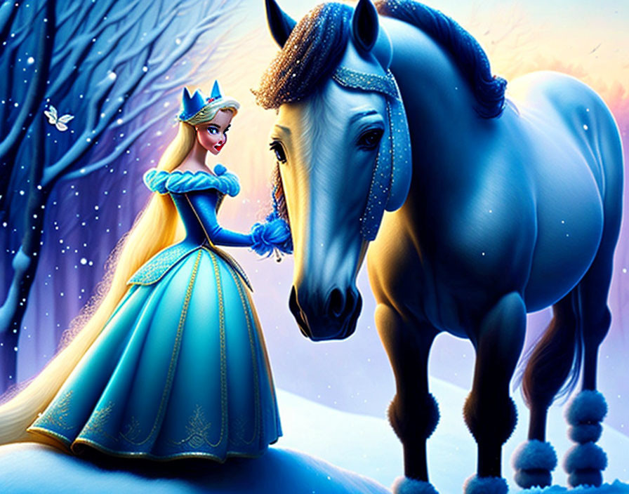 Animated princess in yellow and blue dress with blue horse in snowy forest scene