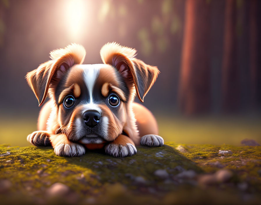 Illustrated cute puppy in forest setting with soft backlight