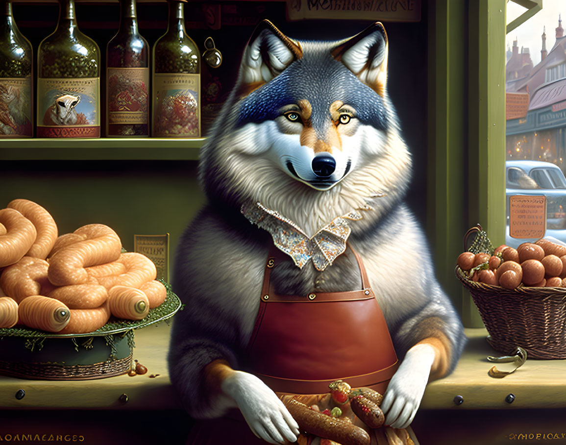 Anthropomorphic Wolf in Apron at Food Counter with Sausages, Bread, Eggs, and