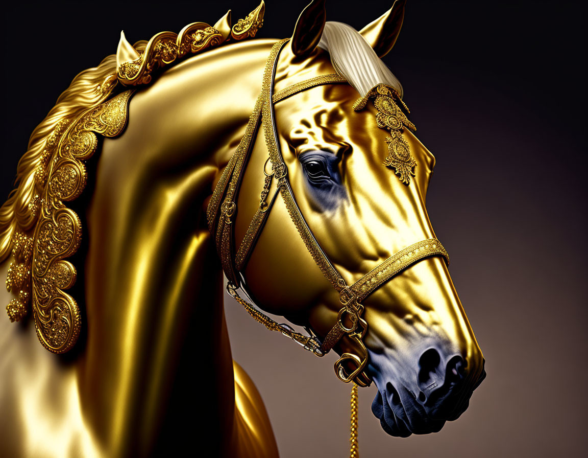 Golden horse statue with ornate details on dark background