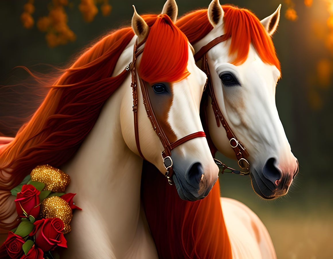 Chestnut horses with red bridles & floral bouquet