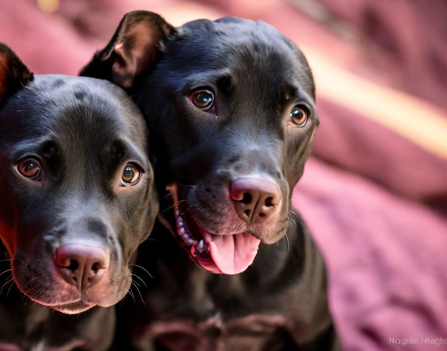 Shining black Labrador Retrievers posing closely with bright eyes