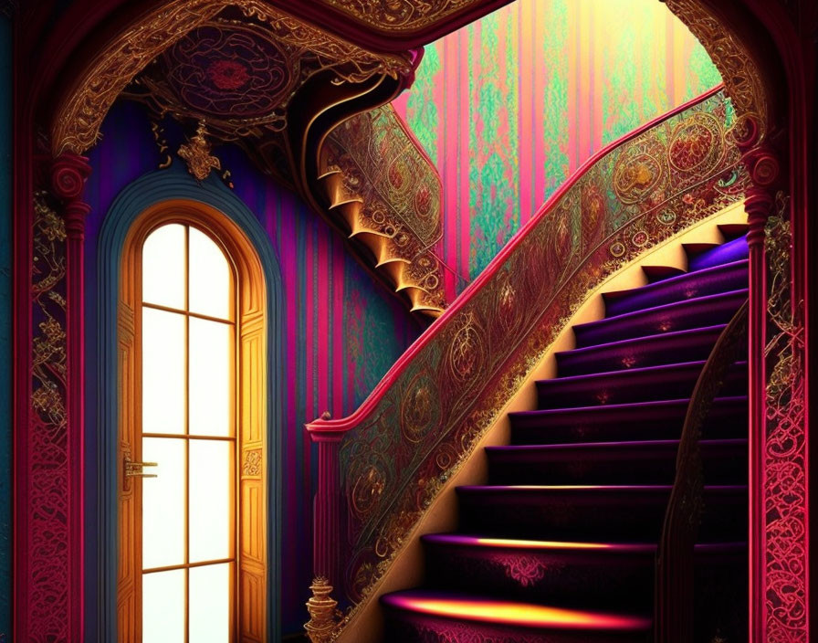 Luxurious purple carpeted staircase and intricate golden patterns beside a vibrant blue door.