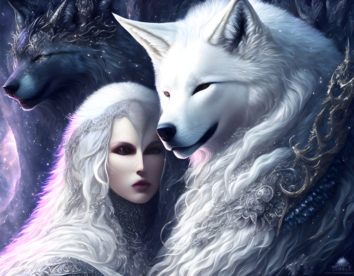 Fantasy image: Woman with white hair, wolves, cosmic backdrop, blue eyes.