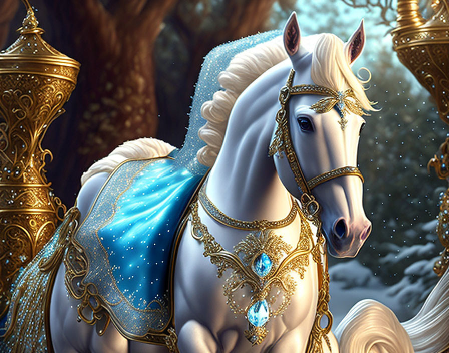 White Horse with Blue Blanket and Gold Jewelry in Enchanted Forest