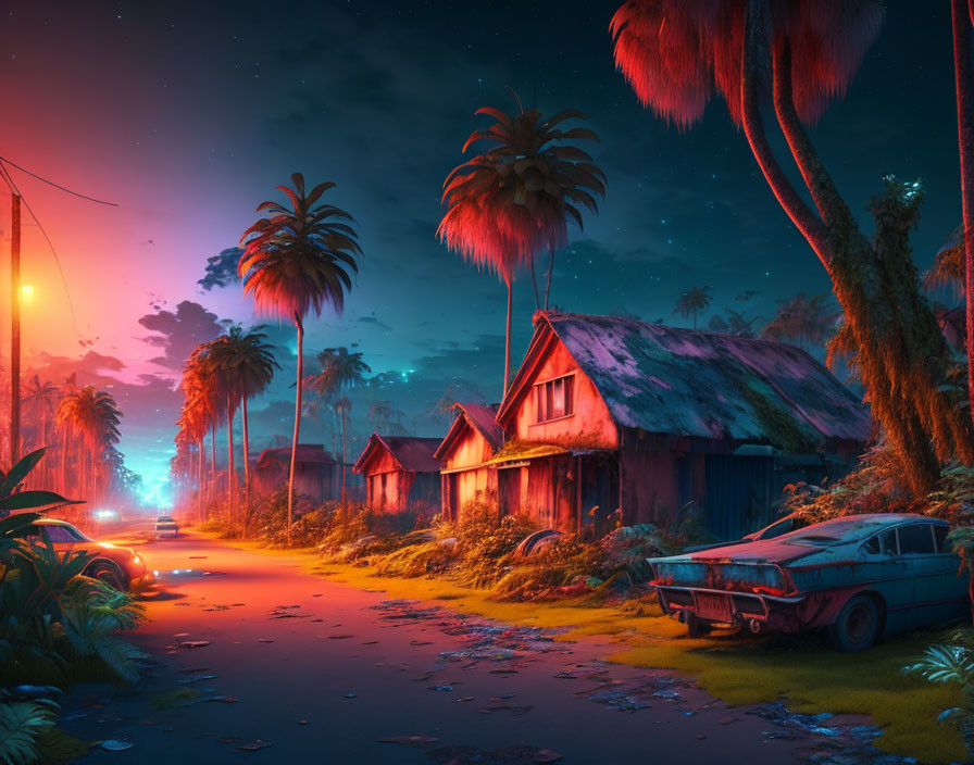 Vintage cars, rustic huts, palm trees in tropical sunset scene