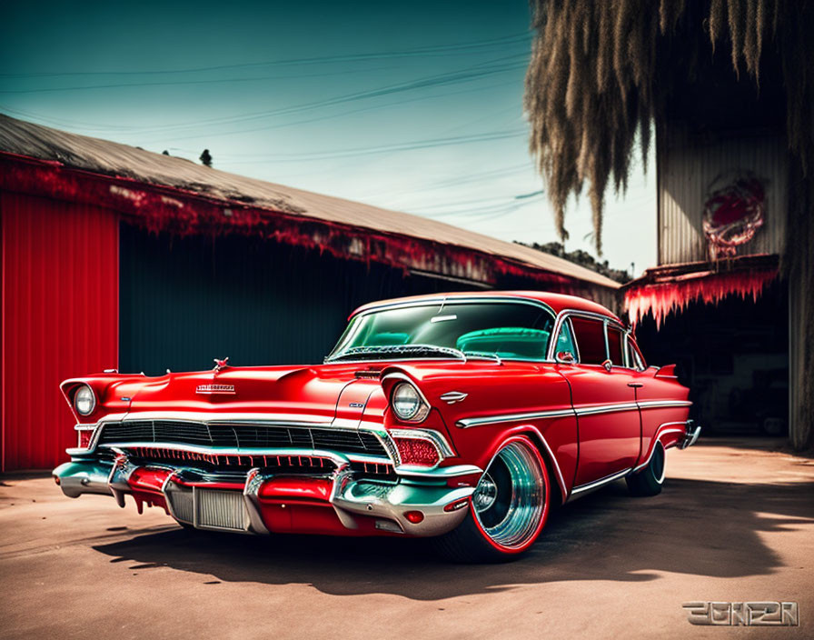 Vintage red and white Chevrolet parked by red building under blue sky.