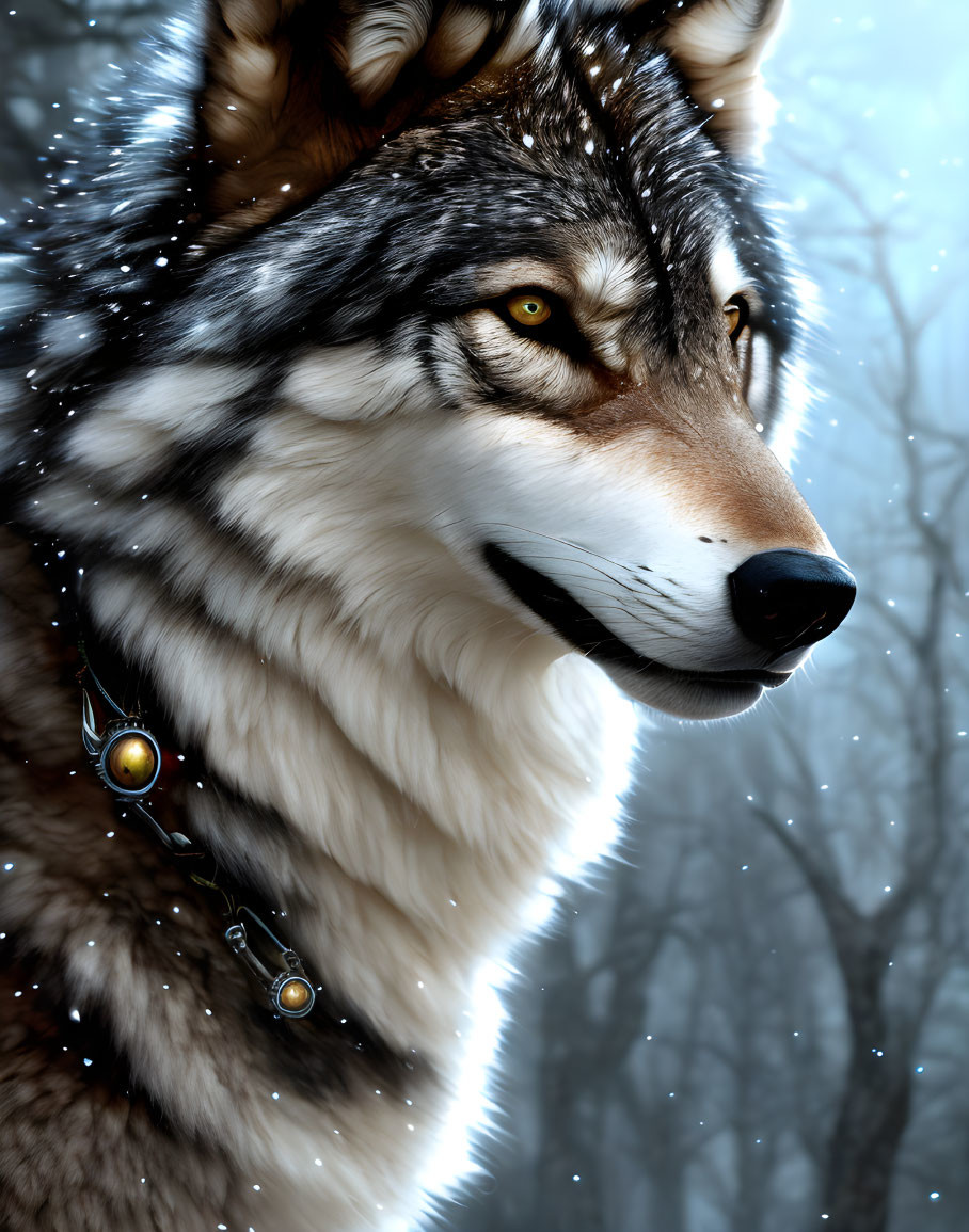 Detailed Wolf Illustration with Ornate Jewelry in Snowy Forest