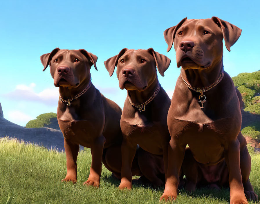 Three brown dogs with collars sitting on grass under a blue sky