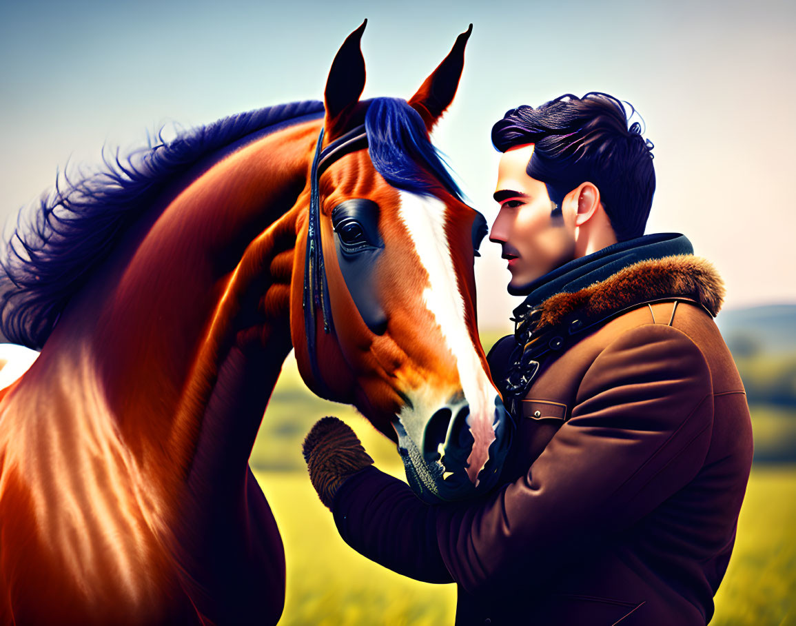 Stylized image: Man in brown jacket with chestnut horse