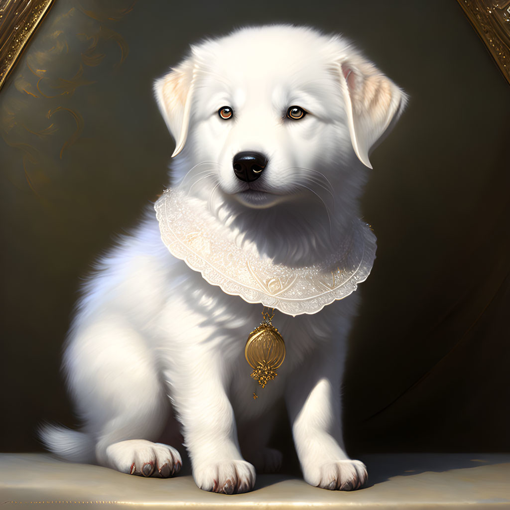 Fluffy white puppy with lace collar and golden pendant in elegant pose