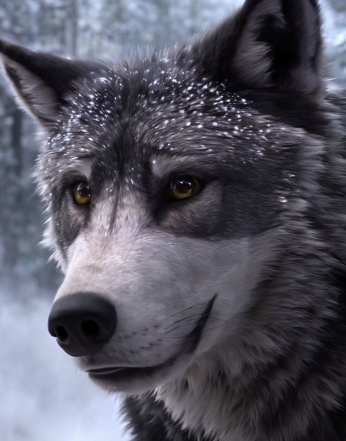 Grey wolf with yellow eyes and snowflakes in wintry forest.