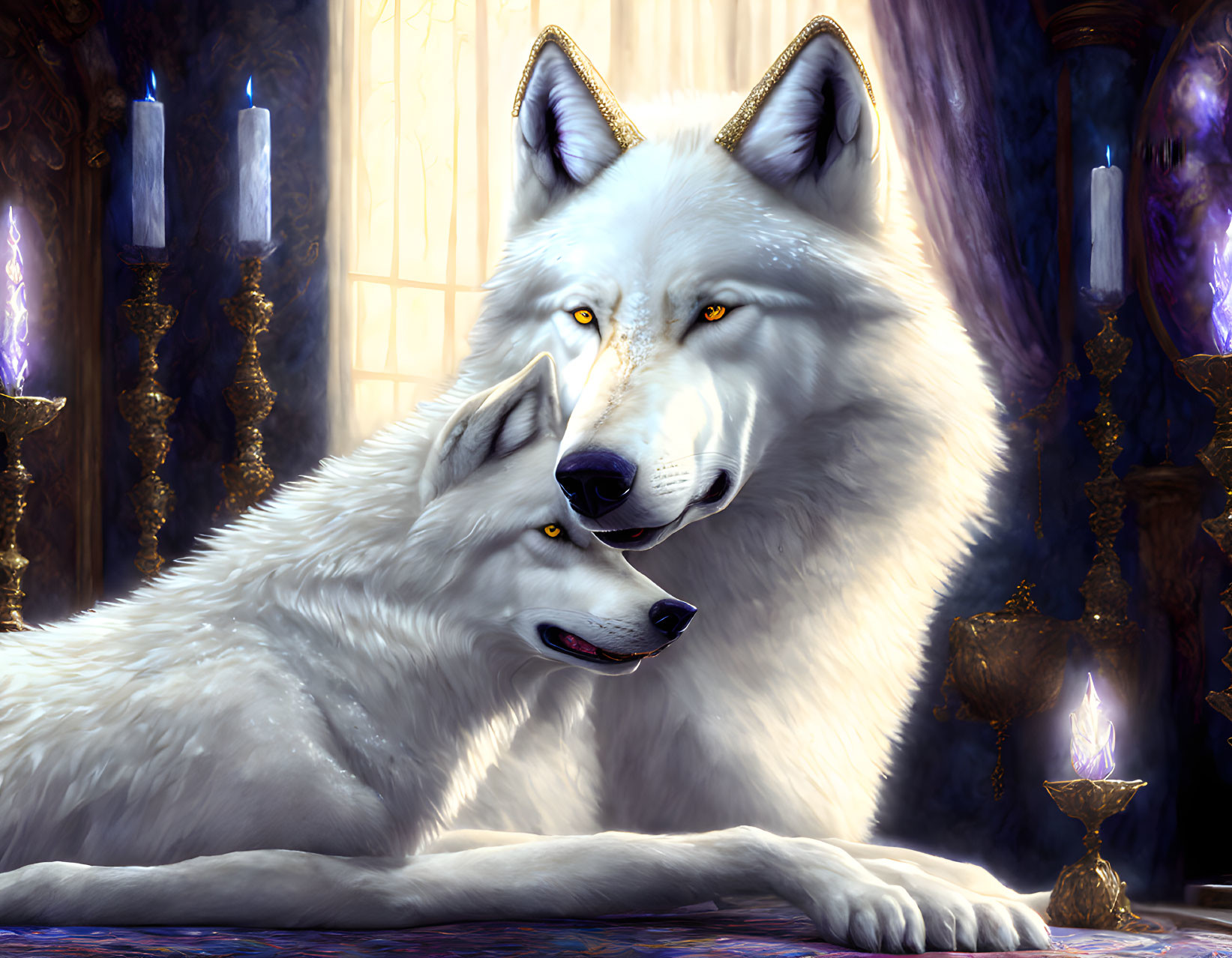 Majestic white wolves in regal setting with ornate candles