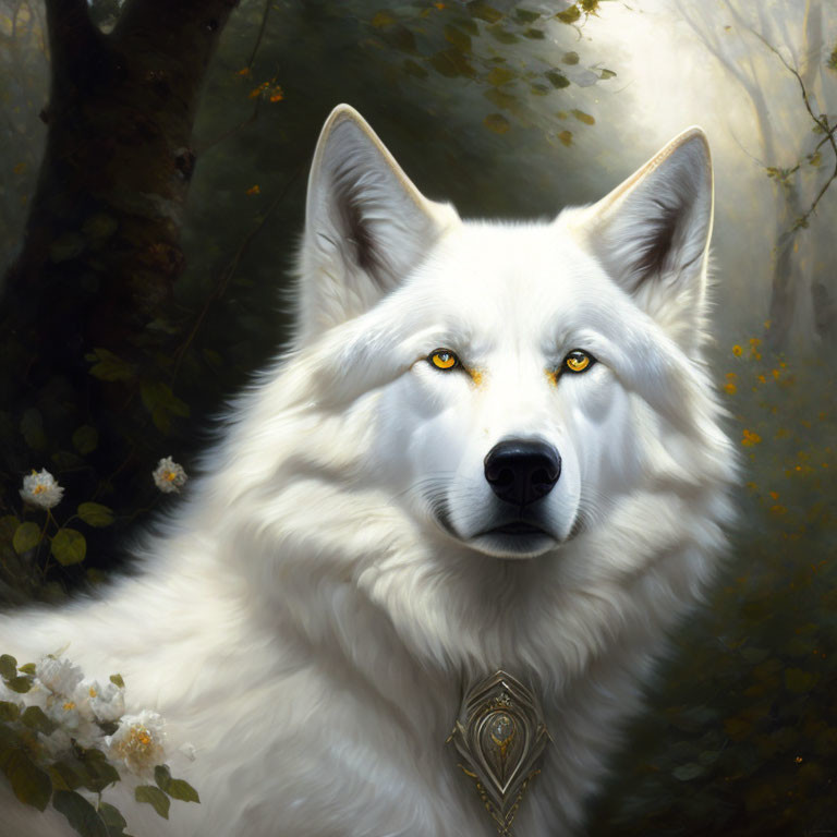 Majestic white wolf with yellow eyes and mystical pendant in forest scene