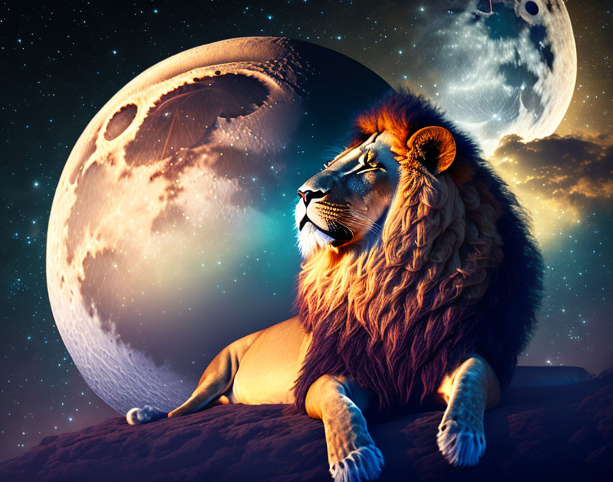 Majestic lion resting on rock under large moon and galaxy night sky