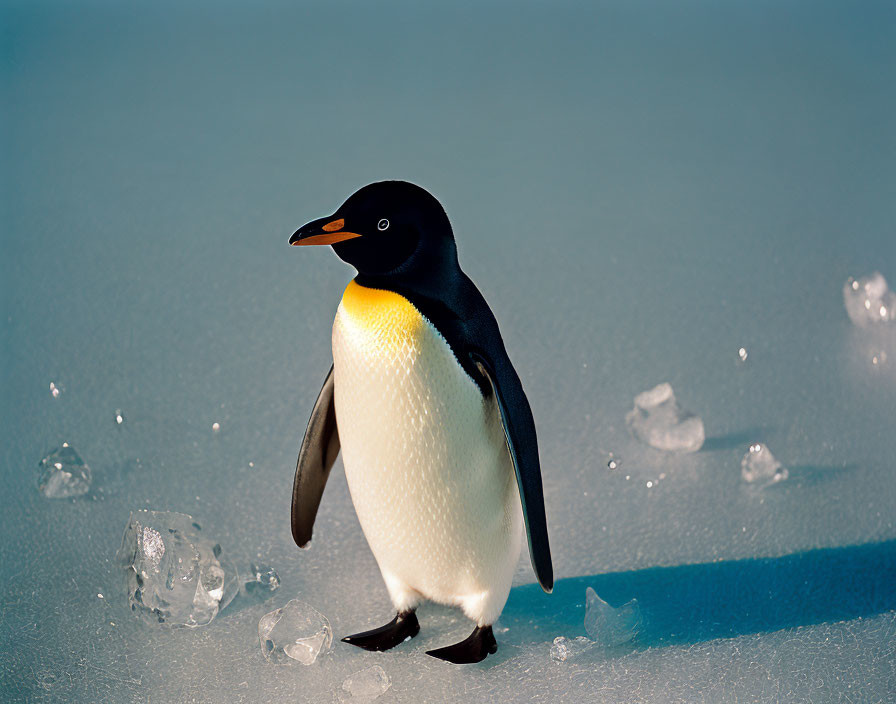 Penguin on Smooth Icy Surface with Chunks of Ice