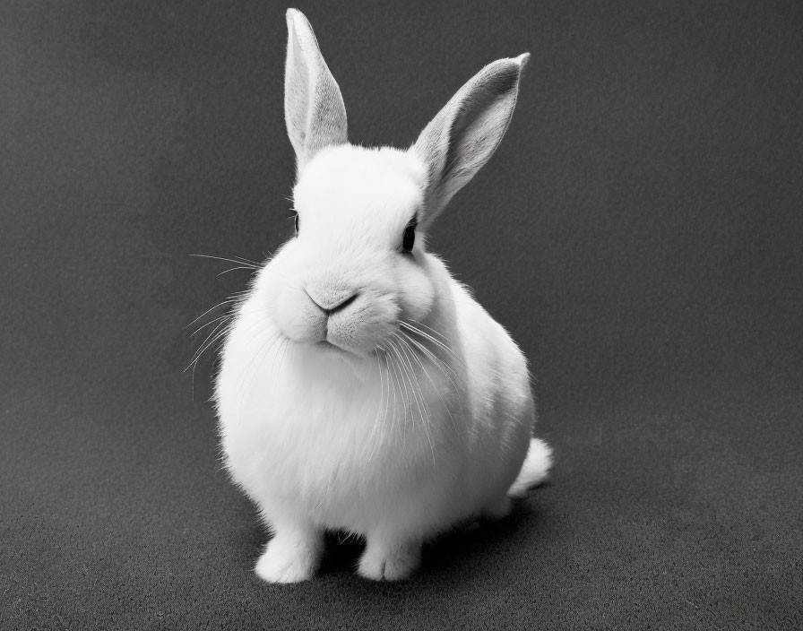 Monochrome image of cute white rabbit on textured gray background