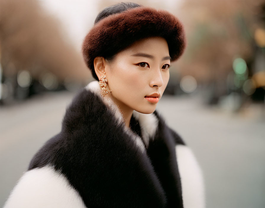 Woman in fur hat and shawl with bold earrings on city street backdrop