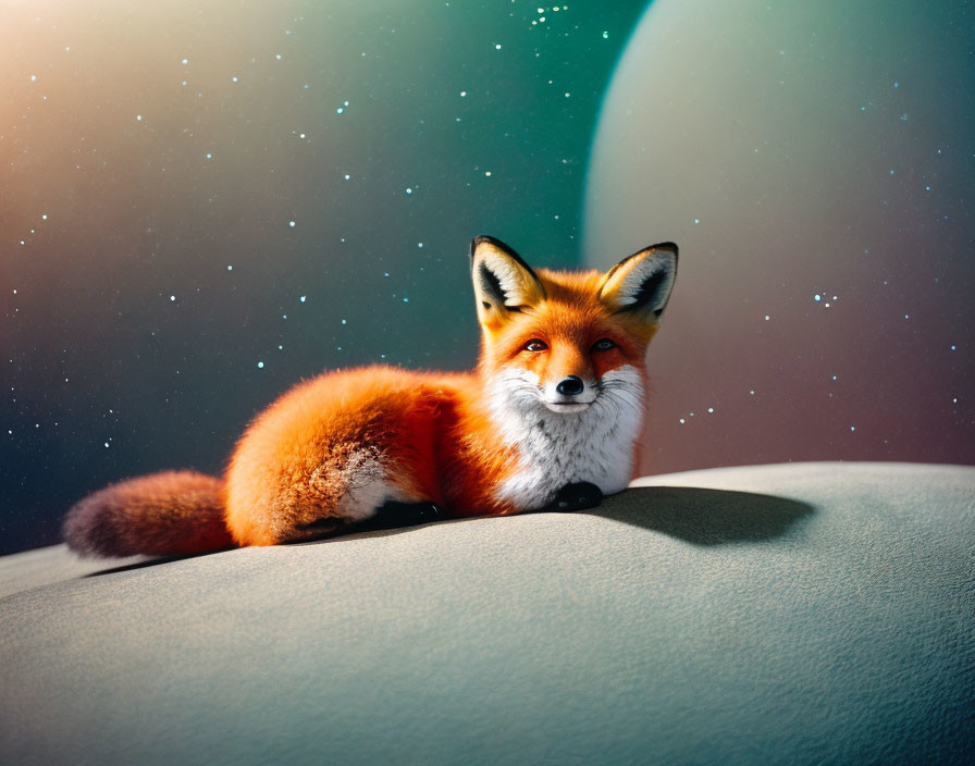 Red Fox Sitting on Rock with Cosmic Backdrop and Planets: Mystical Atmosphere