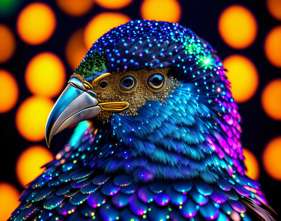 Colorful Bird with Blue Feathers and Golden Eyes on Warm Golden Lights Background