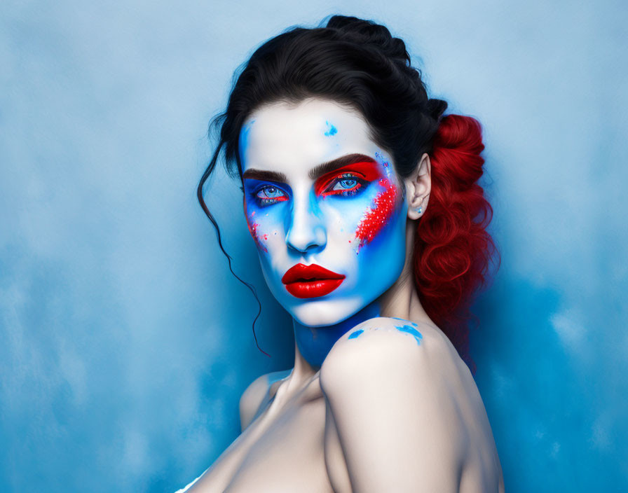 Vibrant red hair with blue and red makeup on blue background