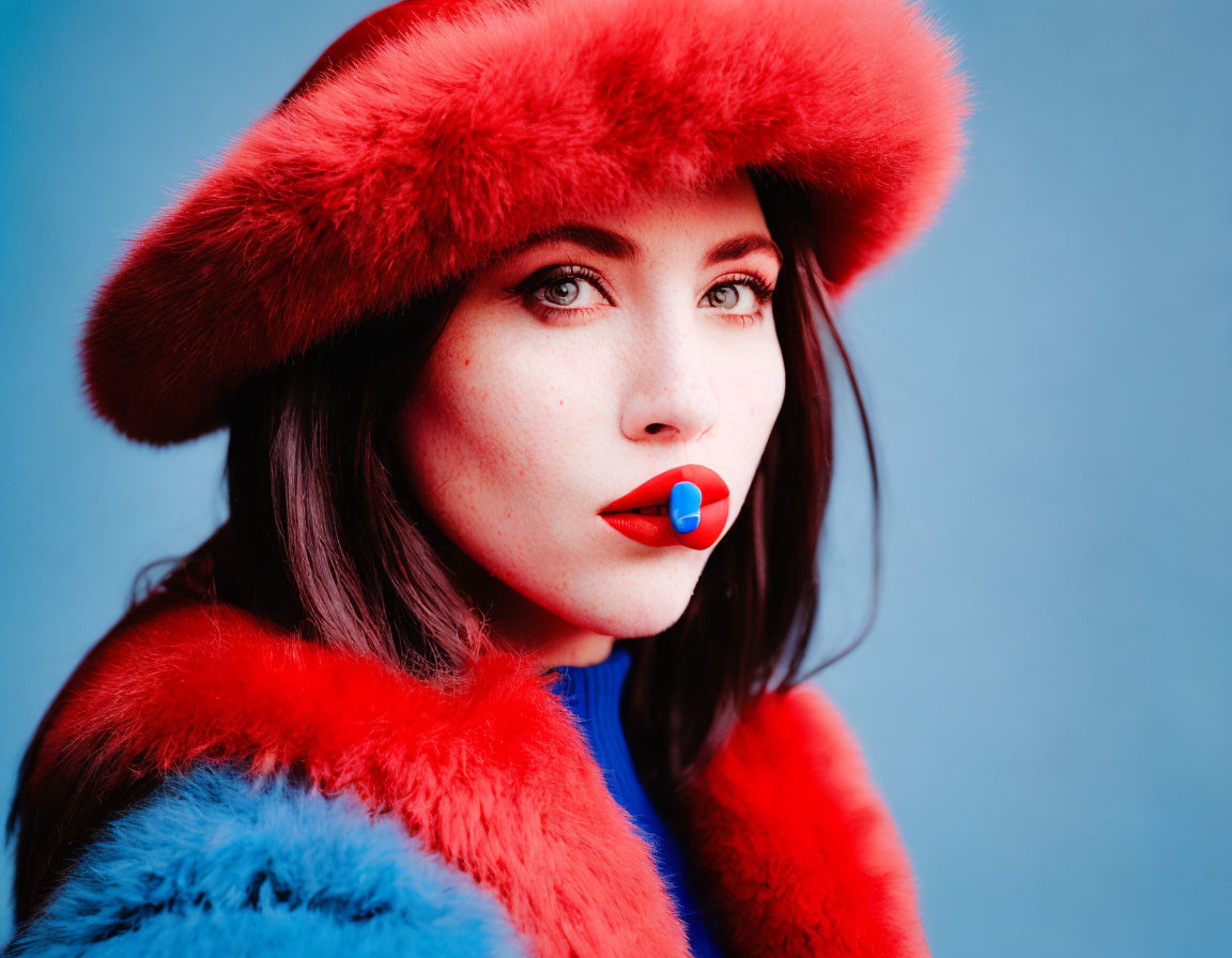 Dark-haired woman blowing bubble gum in red hat and blue fur coat on blue background