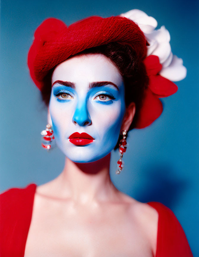 Woman with Bold Blue Makeup and Red Hat on Blue Background