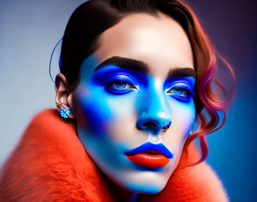 Striking blue makeup and neon orange fur collar on woman against blue and pink background