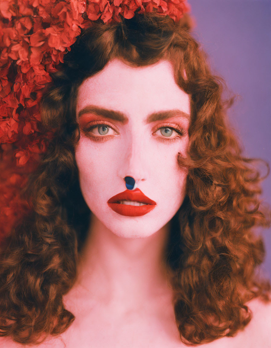 Curly hair person with red makeup and flowers on purple background