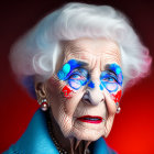 Elderly lady with striking blue makeup on red background