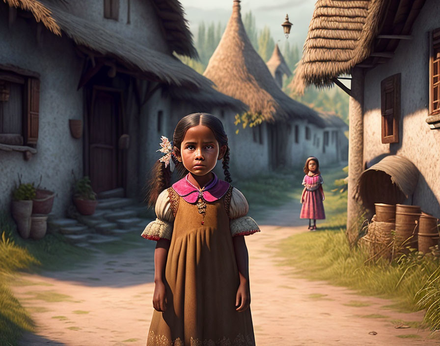 Digital artwork: Young girl in traditional clothes in rustic village