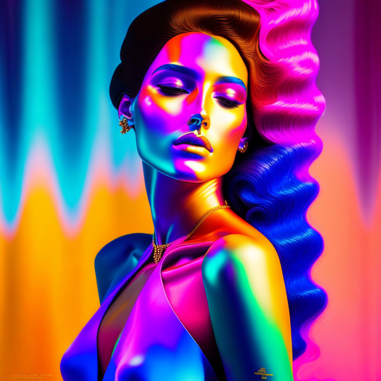 Colorful portrait of a woman with exaggerated features and neon makeup on psychedelic backdrop