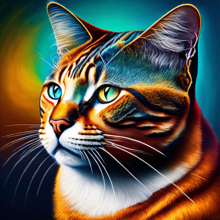 Colorful digital artwork featuring a striped cat with amber eyes on gradient background