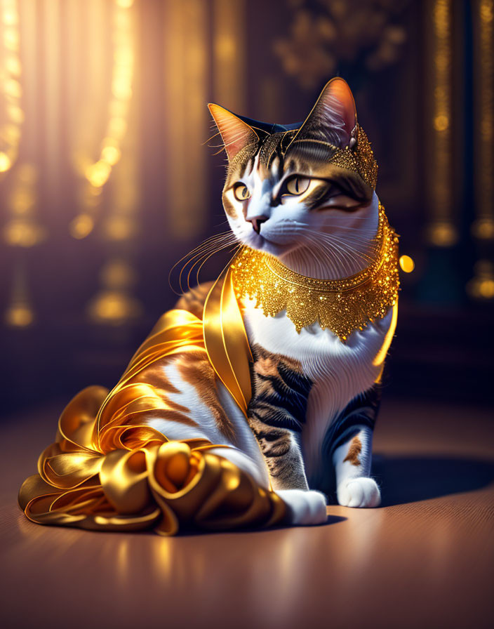 Regal Cat with Golden Headdress and Necklace in Luxurious Setting