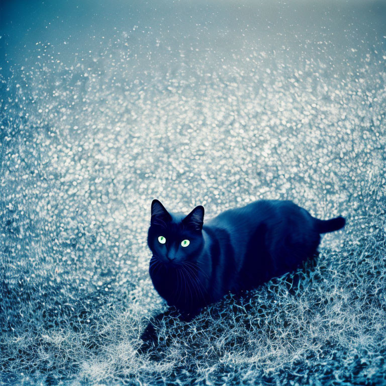 Black Cat with Yellow Eyes in Mystical Cool-Toned Setting