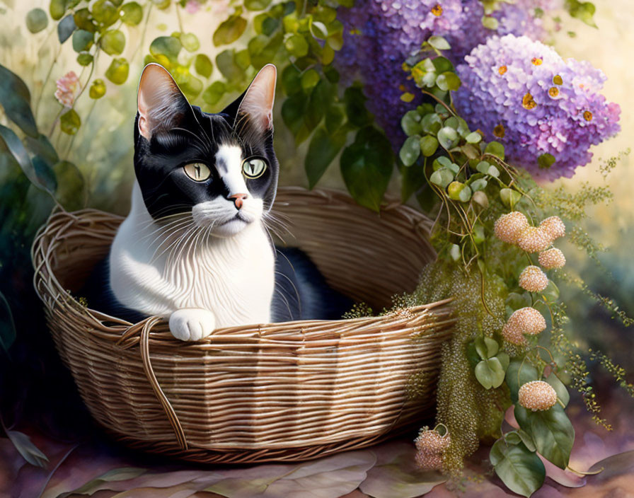 Black and white cat in wicker basket with colorful flowers and greenery