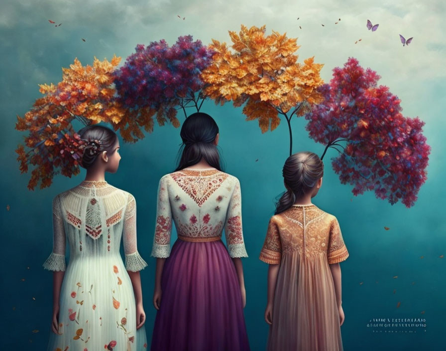 Three women in ornate dresses among vibrant trees and fluttering butterflies