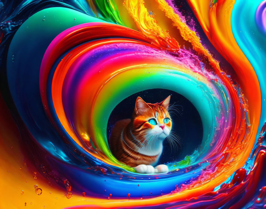 Colorful Swirl of Liquid-Like Rainbow Background with Cat