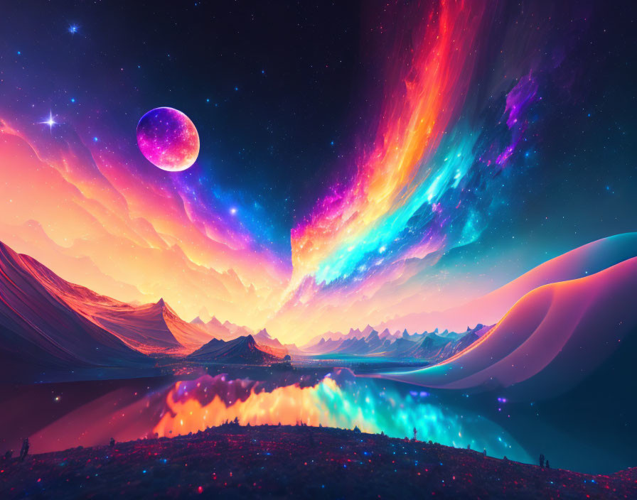 Surreal landscape digital art with colorful nebula, mountains, moon, and lake.