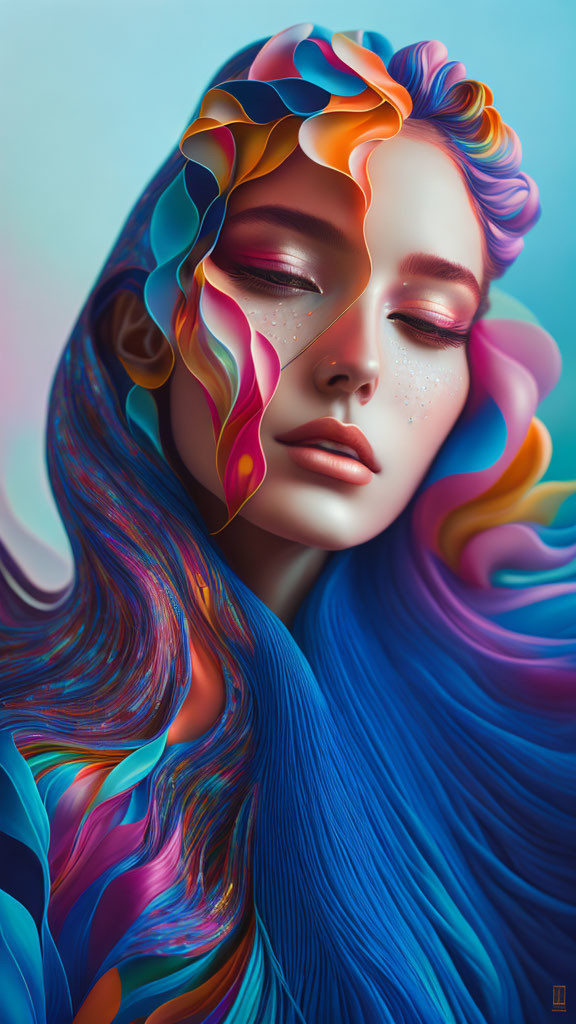 Colorful digital artwork: Woman with wavy hair in cool and warm tones