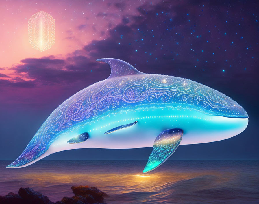 Ethereal glowing whale digital art over tranquil sea