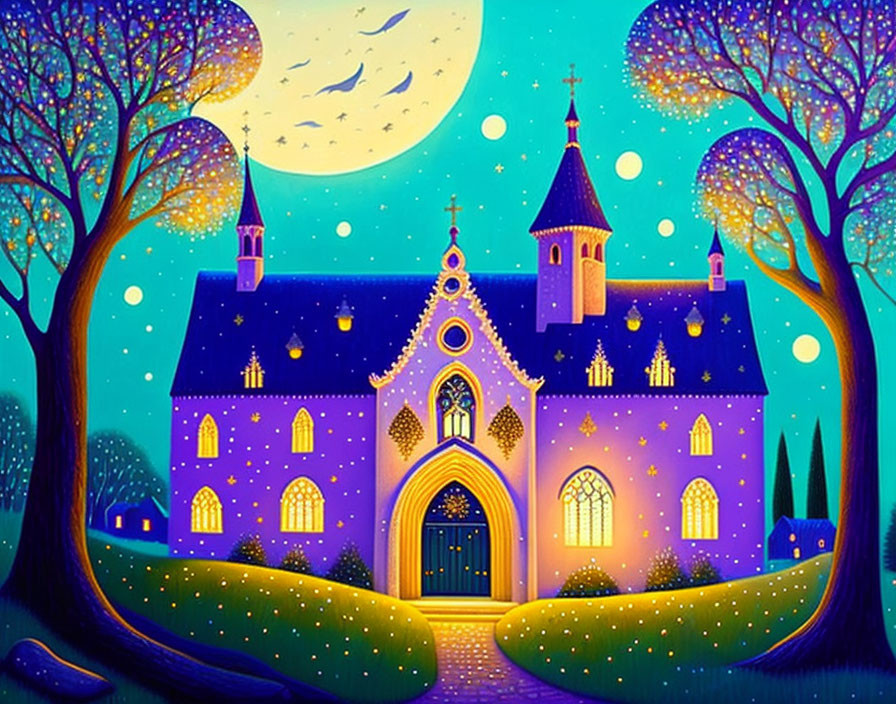 Whimsical purple church illustration under starry night sky